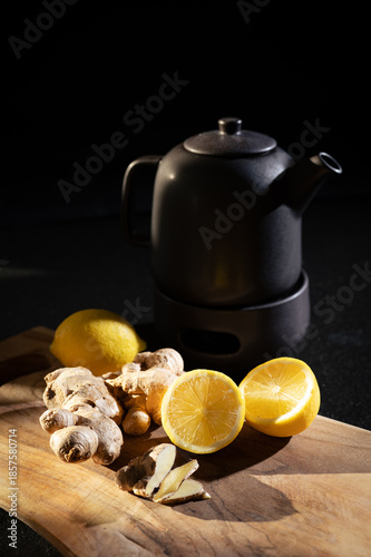 Zitronentee. Ingwertee. Früchte und Wurzeln. Teekanne