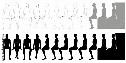 Illustrations of a person sitting variations in pose and silhouette styles