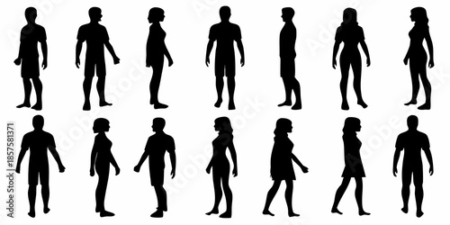 Collection of diverse human silhouettes standing in various poses and attire