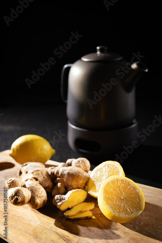 Teekanne mit Stövchen. Ingwer Zitronen Tee