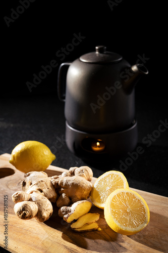 Teekanne mit Stövchen. Zitronen Ingwertee. Vitamine. Tee- Zitrusfrüchte und Wurzeln