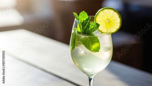 Elegant Austrian Hugo Spritz Served in Crystal Clear Wine Glass, Garnished with Lime Slice and Mint Leaves - Perfect Summer Beverage