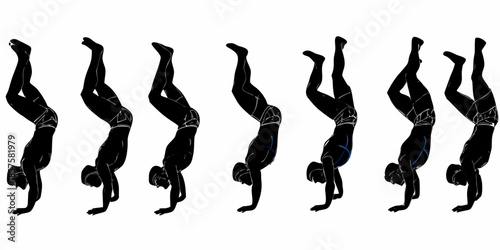 A sequence depicting a person performing a handstand with progressive movement