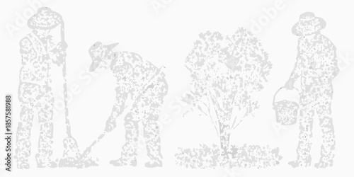 Agricultural workers tending to crops in a dotted illustrative style