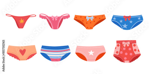 Set of colorful women's panties in various styles and prints: stars, bows, polka dots, hearts, stripes. Flat vector illustration on white. Feminine underwear collection.