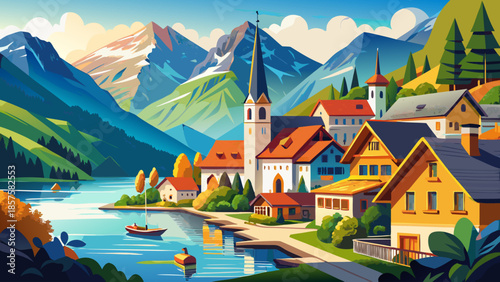 Very beautiful scenic view of Hallstatt mountain village in summer, showcasing charming lakeside houses, towering alpine mountains, and crystal-clear water, creating an iconic and peaceful Austrian al