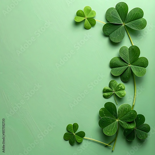 Shamrock stems curve elegantly across a textured, light green background. Light and shadow highlight each leaf's rounded shape
