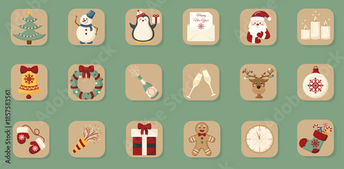 Set of stickers with New Year and Christmas. Vector illustration. New Year characters and symbols