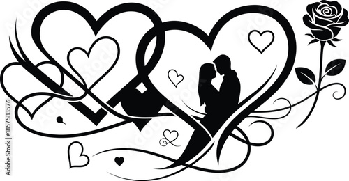 Romantic silhouette of a couple inside interlocking hearts with a rose and elegant swirls in black and white line art.