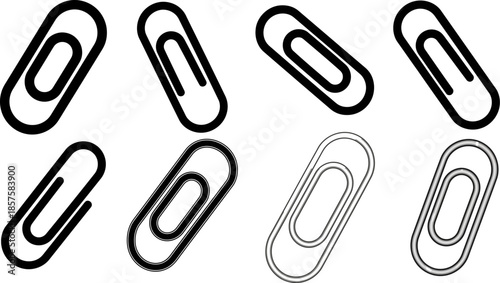 eight paper clips in black and metallic styles arranged in two rows on transparent background offering variety and design options