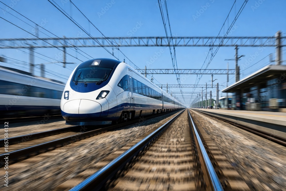 Fototapeta premium Modern high-speed passenger train rushing through a station at midday, captured from a low angle with motion blur, showcasing speed, technology, and contemporary rail transport.