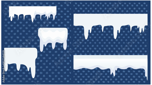 Snow covered icicles hanging from frozen rooftops in winter