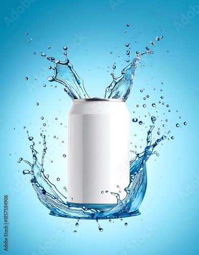 Silver can gets splashed with clear water, set against a smooth gradient of blue