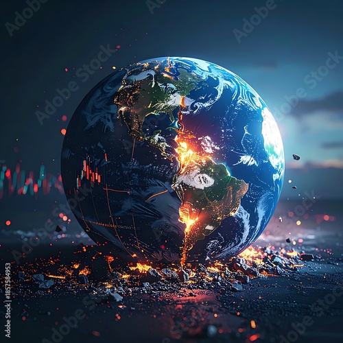 Shattering Earth Glowing cracks split the Earth, set against a blurred, ominous horizon. Financial graph looms