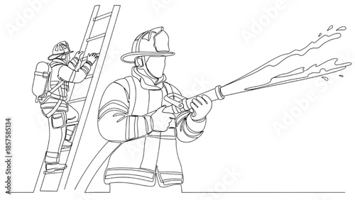 High-Quality Black Continuous Line Art of Firefighters in Action with Hose and Ladder