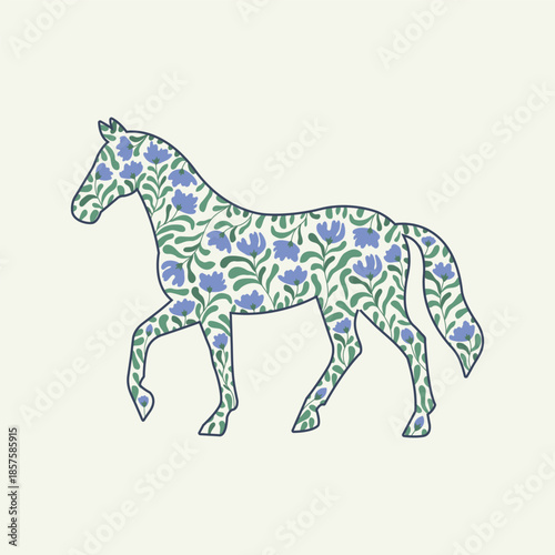 Floral Horse Silhouette in Folk Art Style