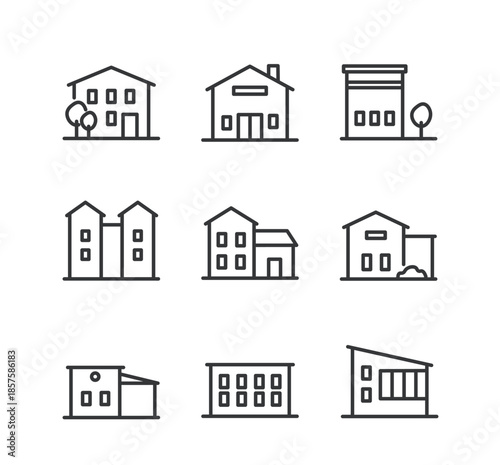 Buildings line editable stroke icons set. Vector illustration
