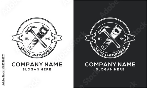 Vintage Carpenter Hammer Saw Logo Design.