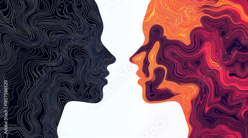 The contrasting silhouettes of two faces, one black and the other orange, facing each other AI Generative