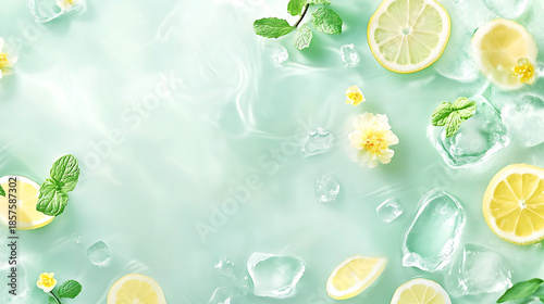 Fresh summer drink background top view, sliced lemon mint leaves and ice cubes floating on rippling water, yellow flowers, healthy detox fresh concept, cool minty texture.