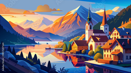 Very beautiful panoramic sunrise view of Hallstatt old town, with deep blue alpine lake, soft golden morning light, surrounding mountains, and tranquil reflections creating a serene and timeless Austr