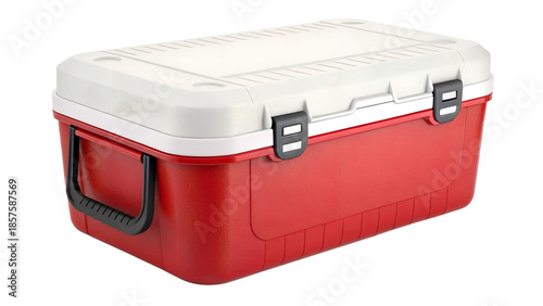 Large Red and White Portable Plastic Cooler Box for Camping and Picnics Isolated on White