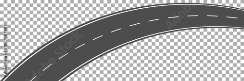 Top down view of a curved section of asphalt road with white lane dividers extending into the distance, creating a sense of journey and transportation