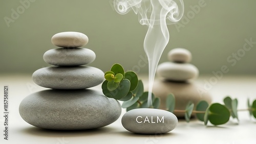 Serene Zen Stones with Calm Inscription and Incense.