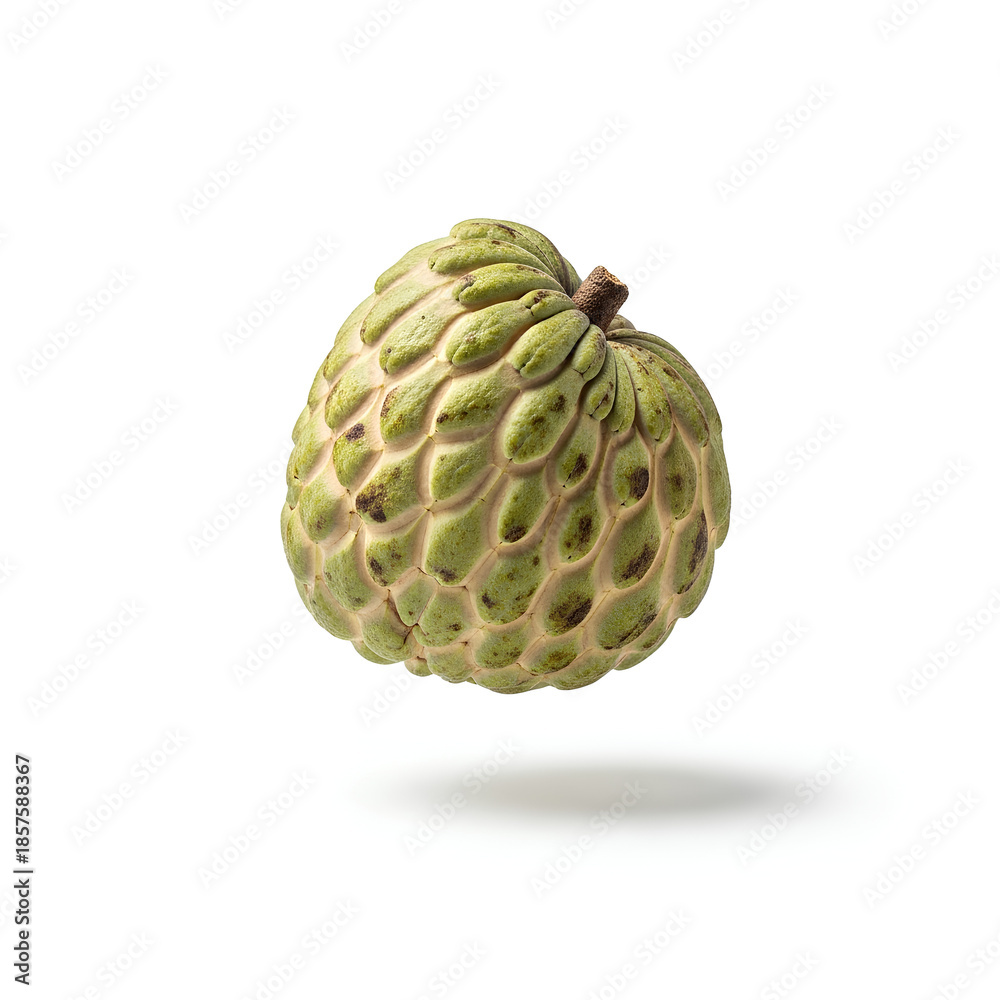 Obraz premium Single whole custard apple fruit floating on white background. Fresh green cherimoya or sugar apple with textured skin. Exotic tropical food ingredient for vegetarian diet or market advertisement