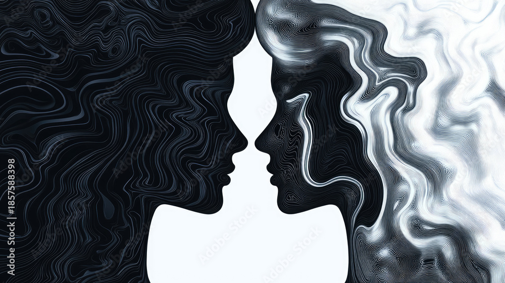 custom made wallpaper toronto digitalAn artistic representation of two female profiles, symbolizing duality and contrasting emotions. The profiles, one in black and the other in white, with flowing hair touch each other AI Generative