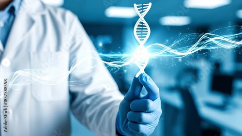Scientist in Lab Coat and Blue Gloves Holding a Glowing DNA Helix in a Futuristic Research Laboratory Setting, Representing Genetic Engineering and Biotechnology Innovation