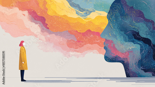 Person in yellow raincoat standing before colorful abstract face representing mental health  