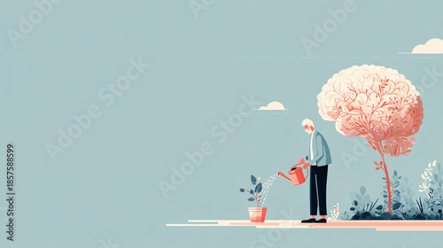 Elderly man watering a plant in a serene garden illustration concept of mental health  