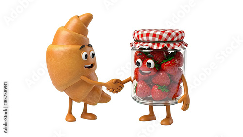 Happy Croissant and Strawberry Jam Jar Shaking Hands on transparent background