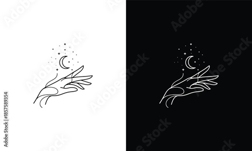 Minimalist Hand Reaching for Moon and Stars Line Art.