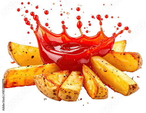 Golden-brown potato wedges with a vibrant splash of red tomato condiment, close-up view