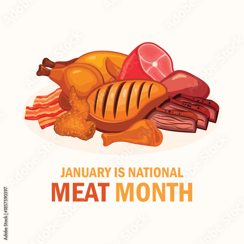 January is National Meat Month poster vector illustration. Pile of meat icon set. Beef, pork, poultry and others vector. Many types of meat drawing. Template for background, banner, card
