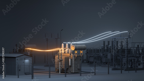 A three-phase electrical transformer glows at a substation. Template with neon wires and copy space. Energy background design. 3D illustration