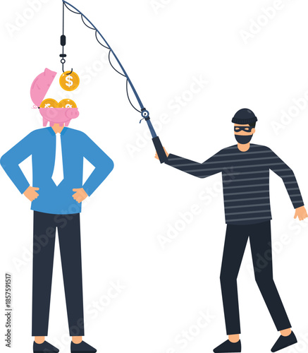 Thief stealing money with a fishing rod from a businessman's piggy bank head. Phishing scam, financial fraud, cyber crime, investment risk, data theft concept.