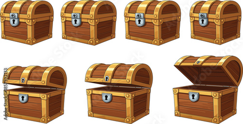 Flat vector illustration set of wooden treasure chests shown closed and opened in different positions on white background