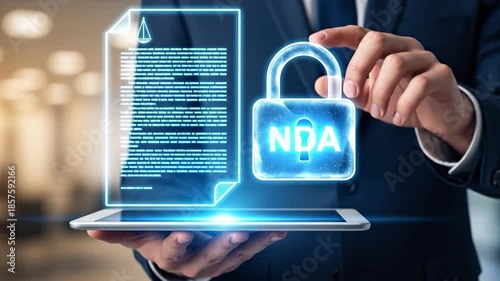 Professional holding tablet with digital Non-Disclosure Agreement document and glowing NDA padlock, symbolizing legal confidentiality and data security.