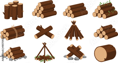 Flat vector illustration set of wooden logs and firewood stacks in different arrangements for camping forestry and nature concepts