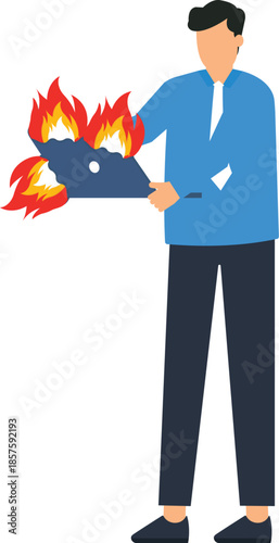 Businessman holding burning laptop work stress deadline pressure computer failure business crisis technology problem data loss overworked employee work burnout system crash