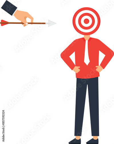 Businessman with target head for target audience concept. Hand aiming arrow for business goals, marketing strategy, customer focus, market segmentation, and corporate objective achievement.