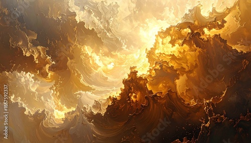 Dramatic mountain peaks illuminated by golden sunrise light amidst misty clouds and shadows