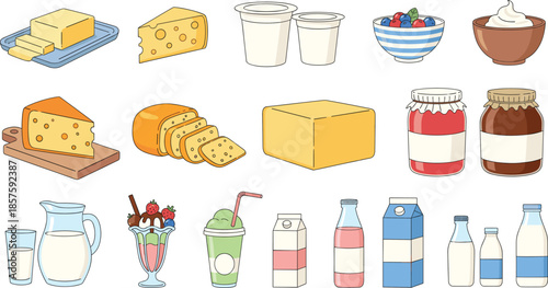  Flat vector illustration set of assorted dairy products including milk cheese butter yogurt desserts and beverages isolated on white