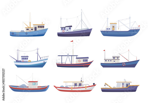 fishing boats. fishery attributes, nautical seafood industry boats isolated on white background. vector cartoon set.