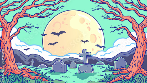 Spooky cemetery scene under full moon with flying bats