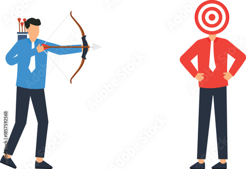 Businessman Archer with Bow and Arrow Targeting Customer for Business Goal Marketing Strategy and Sales Objective Achievement