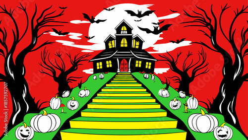 Spooky house with pumpkins and bats on staircase